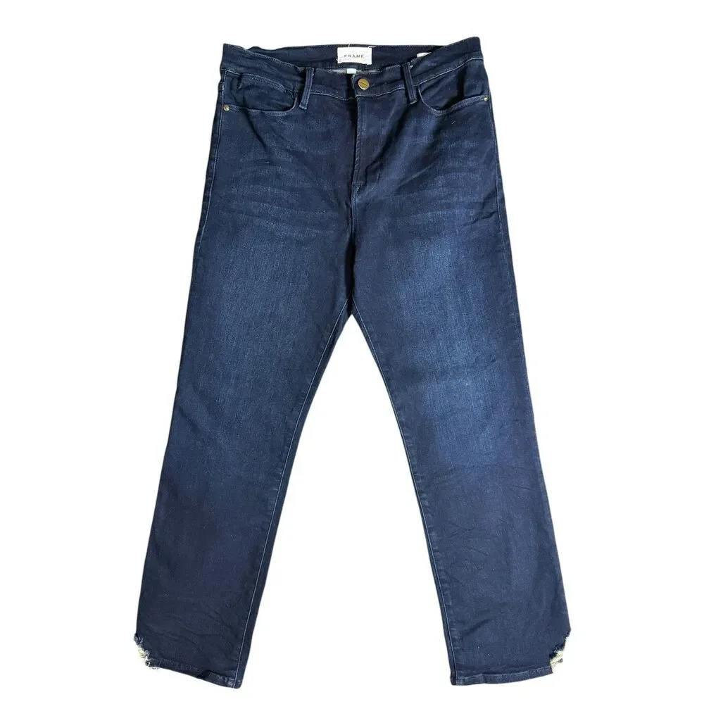 Frame Le High Straight Jeans Womens Porter Chew Dark Blue Distressed Hem 31
